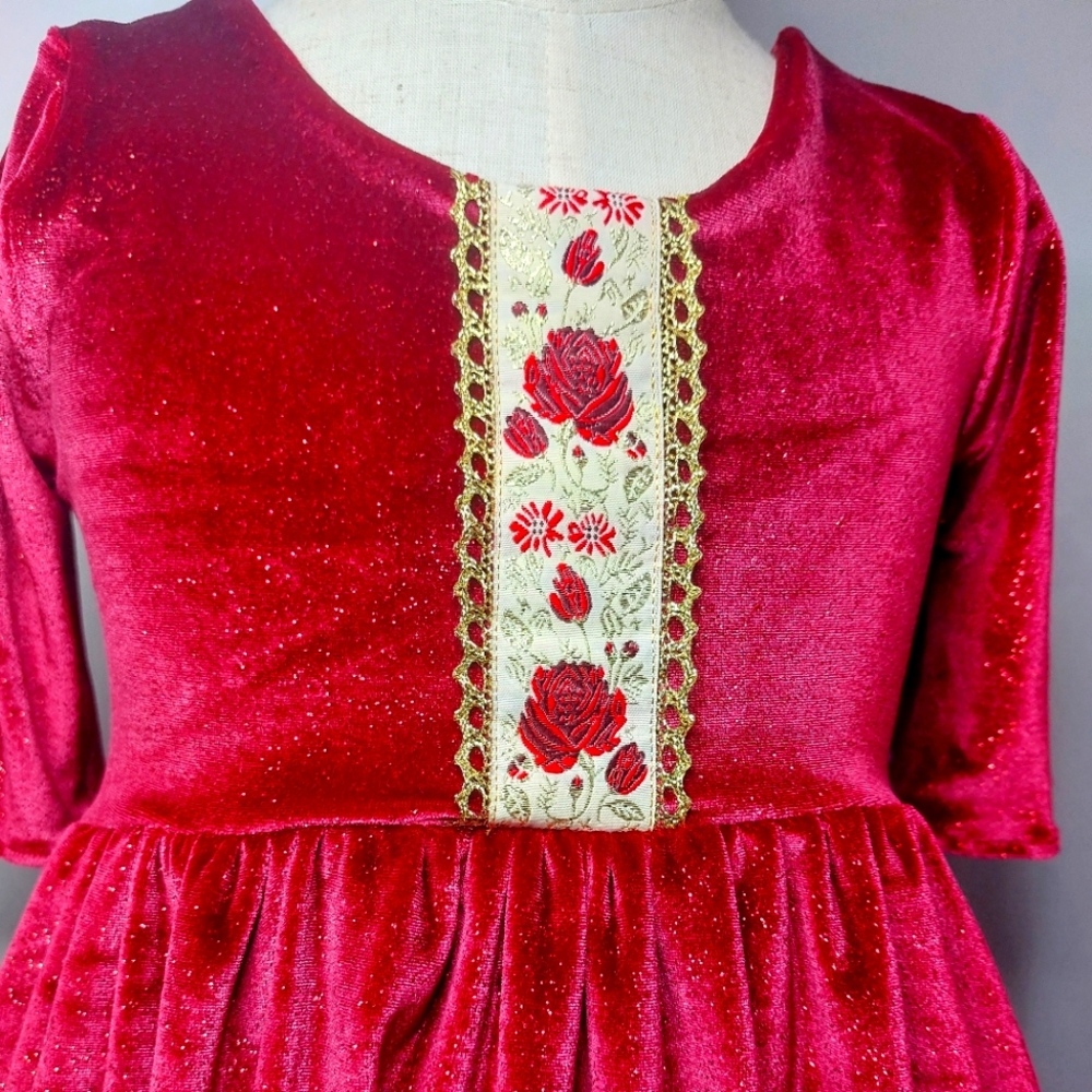 Velvet glitter red rose girls dress